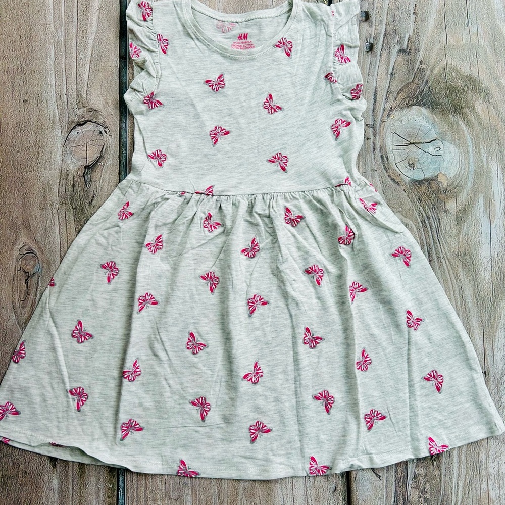 H&M size 4-6yrs Girls Light Gray & Pink Butterfly Casual Sundress, New no Tags